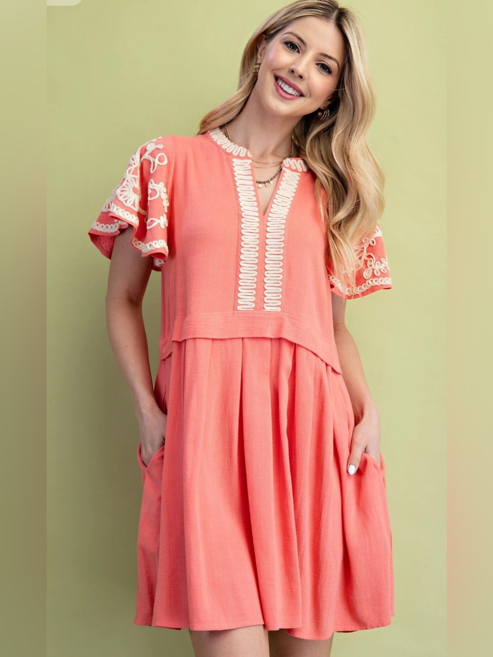 GIGI Coral Pink Linen Blend Small Babydoll Mini Dress. 3611